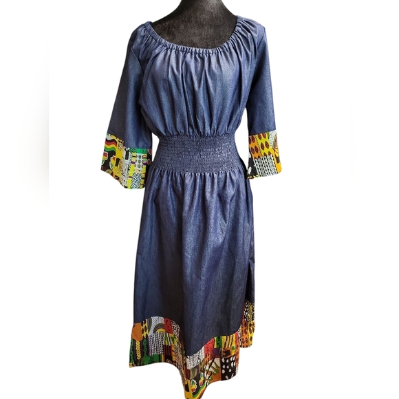 Lagogee Chambray Large African Print Stylish Blue and Multicolor Women's Dress - Picture 1 of 14